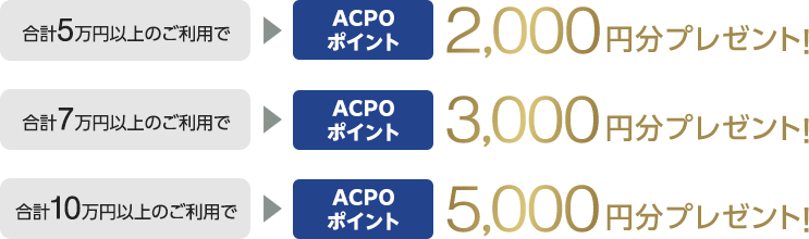合計5万円以上のご利用でACPOポイント2,000円分プレゼント!合計7万円以上のご利用でACPOポイント3,000円分プレゼント!合計10万円以上のご利用でACPOポイント5,000円分プレゼント!