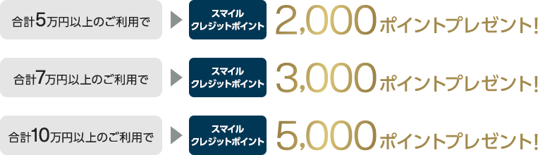 合計5万円以上のご利用でスマイルクレジットポイント2,000ポイントプレゼント! 合計7万円以上のご利用でスマイルクレジットポイント3,000ポイントプレゼント! 合計10万円以上のご利用でスマイルクレジットポイント5,000ポイントプレゼント!