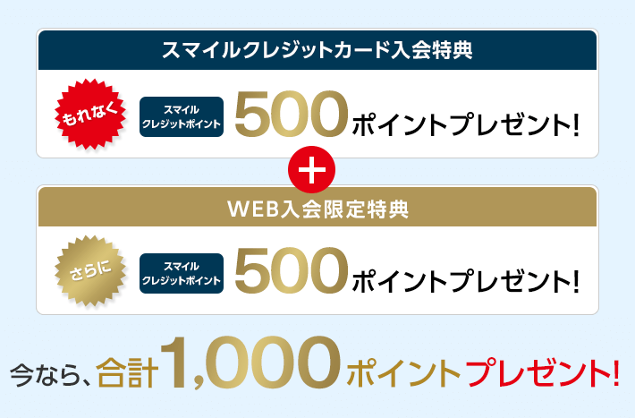 スマイルクレジットカード入会特典 もれなくスマイルクレジットポイント 500ポイントプレゼント！ + WEB入会限定特典 さらに スマイルクレジットポイント 500ポイントプレゼント！ 今なら、合計1,000ポイントプレゼント！