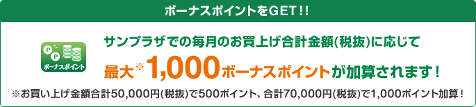 ボーナスポイント ボーナスポイントをGET!!サンプラザでの毎月のお買上げ合計金額(税抜)に応じて最大※1,000ボーナスポイントが加算されます!※お買い上げ金額合計50,000円(税抜)で500ポイント、合計70,000円(税抜)で1,000ポイント加算!