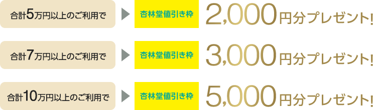 合計5万円以上のご利用で杏林堂値引き枠2,000円分プレゼント!合計7万円以上のご利用で杏林堂値引き枠3,000円分プレゼント!合計10万円以上のご利用で杏林堂値引き枠5,000円分プレゼント!
