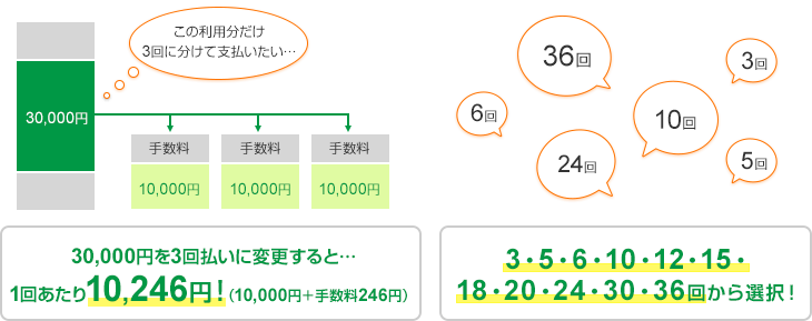 30,000円を3回払いに変更すると1回あたり10,246円！（10,000円 +  手数料246円） 3・5・6・10・12・15・18・20・24・30・36回から選択！