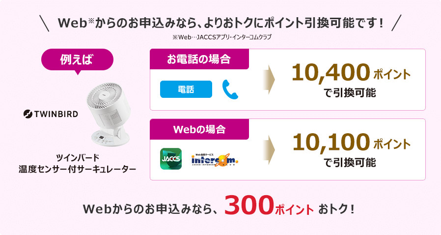 Web※からのお申込みなら、よりおトクにポイント引換可能です！ ※Web…JACCSアプリ・インターコムクラブ 例えば ツインバード 温度センサー付サーキュレーター [お電話の場合]10,400ポイントで引換可能 [Webの場合]10,100ポイントで引換可能 Webからのお申込みなら、300ポイントおトク！